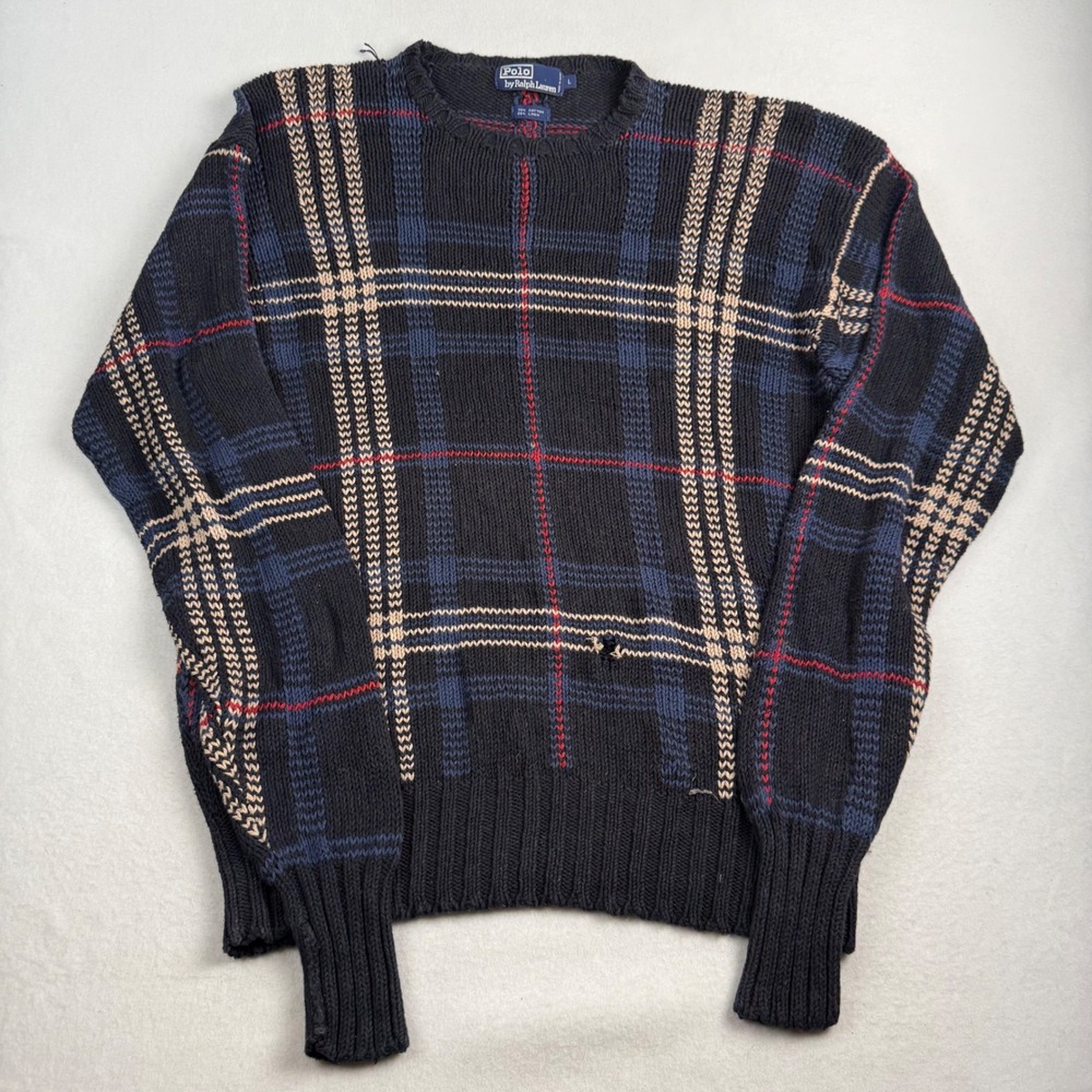 Polo Ralph Lauren Mens Plaid Chunky Knit Sweater Cotton Linen Navy Blue Large